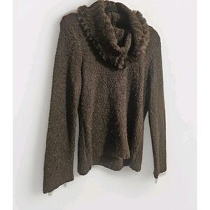 Wool Blend Sweater Brown Rabbit Fur Cowl Neck Size Large Womens Chunky Knit